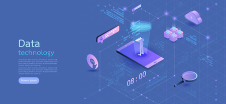 Modern design isometric concept business.smartphone on blue background and infographic elements. 3d isometric flat design. Vector illustration.のイラスト素材