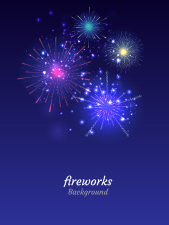Colorful Fireworks on night sky background. Vector illustrationのイラスト素材