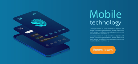 Mobile screens modern infographic. Diagram template and chart graph. Flat web icons for mobile apps, 3d isometric flat design. Vector illustration.のイラスト素材