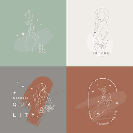 Drawing of set banner beauty. Continuous line Portrait hand of a girl ,drawing Abstract women's In a Modern Minimalist Style. Vector Illustration.のイラスト素材