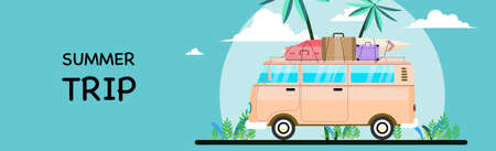 Summer vacation surf bus sunset tropical beach. travel and people concept in minivan car on beach.template poster flat vector illustrationのイラスト素材