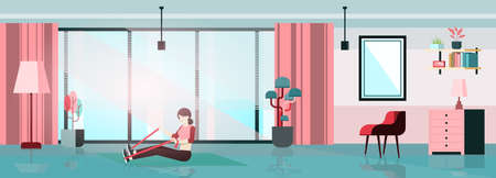 Stay home concept. Women exercising in the house. Home activity vector illustrationのイラスト素材