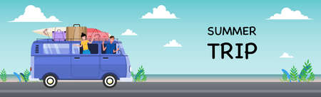 Summer holidays retro van and surf boards. travel and people concept - smiling young hippie friends in minivan car on beach.template poster flat vector illustrationのイラスト素材