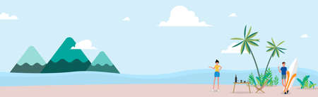 Summer holidays. travel and people concept - smiling young hippie friends in minivan car on beach.template poster flat vector illustrationのイラスト素材