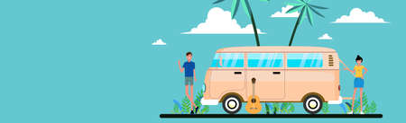 Summer holidays. travel and people concept - smiling young hippie friends in minivan car on beach.template poster flat vector illustrationのイラスト素材