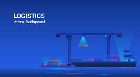 Metropolis seaport Sea Transportation Logistic. Skyscrapers on shore, cargo ship with shipping containers, Global business, international trade concept. vector illustrationのイラスト素材