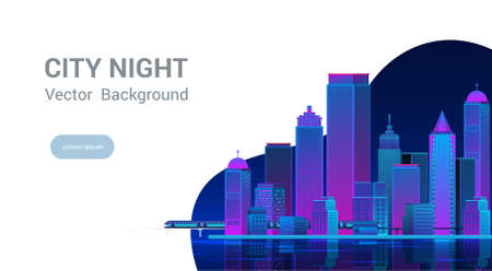 Night city panorama.Cityscape on a dark background with bright and glowing neon purple and blue lights. Wide highway side view. Cyberpunk and retro wave style Vector illustration.のイラスト素材