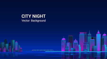 Night city panorama.Cityscape on a dark background with bright and glowing neon purple and blue lights. Wide highway side view. Cyberpunk and retro wave style Vector illustration.のイラスト素材