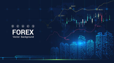 City background Financial graph on night city scape with tall buildings background double exposure. Economic growth graph chart. Vector illustration.のイラスト素材