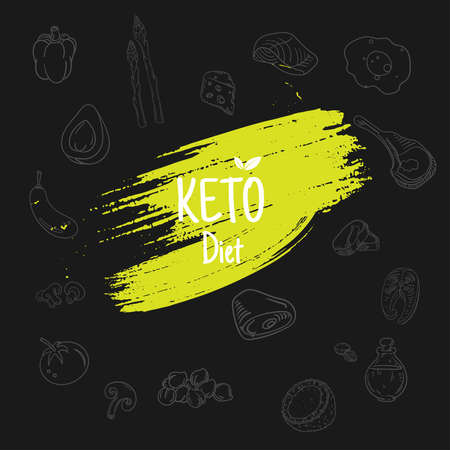 Keto diet Banner. Keto diet concept of healthy low carbs, fats, proteins. Vector flat illustration of food - seafood, vegetables, coconut, avocado, shrimp, broccoli, olive oil, meat. For website construction, mobile applications, bannersのイラスト素材