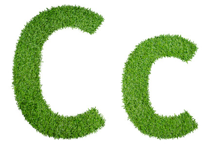 Green grass alphabet C,c in capital letter and small letter isolated on white backgroundの写真素材