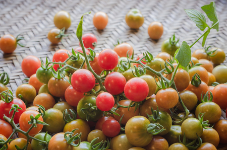Fresh red, yellow, green small tomatoes with green leaves above aged bamboo threshing basketの写真素材