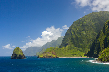 The world tallest sea cliffs of Molokai in a blue sky bright day light.の写真素材