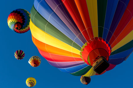 Colorful hot air balloons flying in the bright blue sky at the Festival of Ballooning in New Jersey.