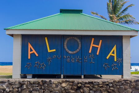 ALOHA at the restroom at Black sand beach punalu'u Hawaii Big Islandの写真素材