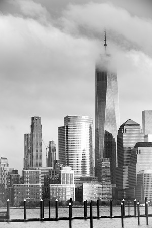 Black and white cloudy day of lower Manhattan New Yorkの写真素材