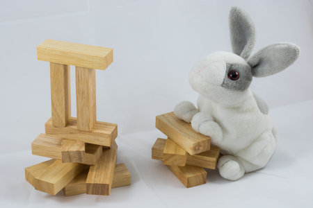 White stuffed rabbit with lovely timber on a white background.の写真素材