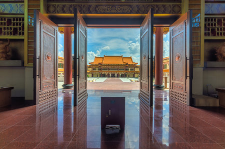 Khlong Sam Wa, Bangkok, Thailand - October 27, 2019 : Fo Guang Shan Thaihua Temple - Exit door is inside the main hallのeditorial素材
