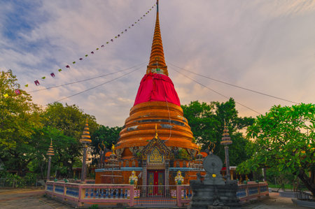 Tambon Rachathewa, Bang Phli District, Samut Prakan, Thailand, October 17, 2019 : Wat King Kaeo, Orange unique pagoda.のeditorial素材