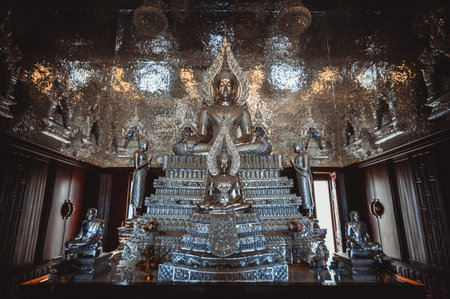 Chonburi, March 12, 2023. Wat Phon Prapa Nimit, This striking white Buddhist temple in a tranquil setting features a silver and mirrored interior.のeditorial素材