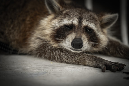 A raccoon lies comfortably on a surface, basking in the warmth of the sun, exuding a relaxed attitude while its eyes are partially closed.の写真素材
