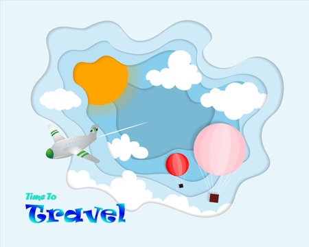 Airplane and hot air balloon flying on sky in concept of travel time around the world.Illustration of relax mode.のイラスト素材