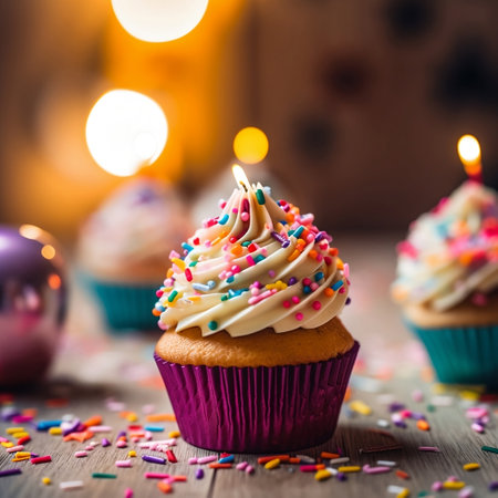 birthday cupcake with a candleの素材