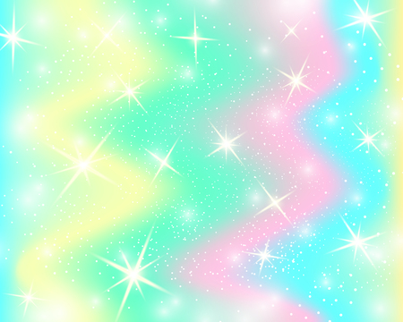 Unicorn rainbow background. Holographic sky in pastel color. Bright mermaid pattern in princess colors. Vector illustration. Fantasy gradient colorful backdrop with rainbow mesh.のイラスト素材