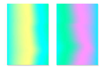 Gradient Hologram Backgrounds. Set of colorful holographic posters in retro style. Vibrant neon pastel texture. Vector gradient template for flyer, banner, mobile screen.のイラスト素材