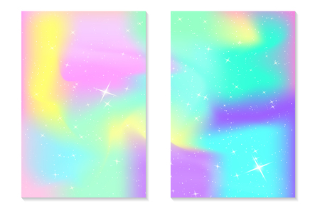 Unicorn rainbow background. Holographic sky in pastel color. Bright hologram mermaid pattern in princess colors. Vector illustration. Unicorn Fantasy gradient colorful backdrop with rainbow mesh.のイラスト素材