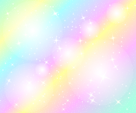 Unicorn rainbow background. Holographic sky in pastel color. Bright mermaid pattern in princess colors. Vector illustration. Fantasy gradient colorful backdrop with rainbow mesh.のイラスト素材