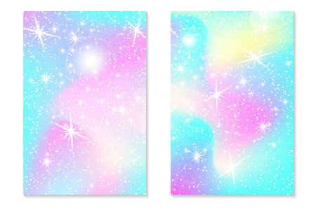 Unicorn rainbow background. Holographic sky in pastel color. Bright hologram mermaid pattern in princess colors. Vector illustration. Unicorn Fantasy gradient colorful rainbow backdrop.のイラスト素材