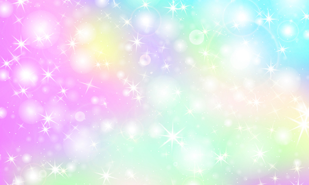 Unicorn rainbow background. Kawaii colorful backdrop with rainbow mesh. Holographic sky in pastel color. Bright mermaid pattern in princess colors. Vector illustration.のイラスト素材