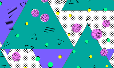 Pop art color background. Memphis pattern of geometric shapes for tissue and postcards. Vector Illustration. Hipster style 80s-90s. Abstract colorful funky background.のイラスト素材