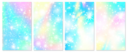 Unicorn rainbow background. Holographic sky in pastel color. Bright hologram mermaid pattern in princess colors. Vector illustration. Unicorn Fantasy gradient colorful rainbow backdrop.のイラスト素材