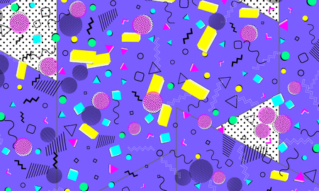 Pop art color background. Memphis pattern of geometric shapes for tissue and postcards. Vector Illustration. Hipster style 80s-90s. Abstract colorful funky background.のイラスト素材