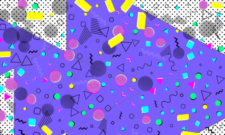 Pop art color background. Memphis pattern of geometric shapes for tissue and postcards. Vector Illustration. Hipster style 80s-90s. Abstract colorful funky background.のイラスト素材