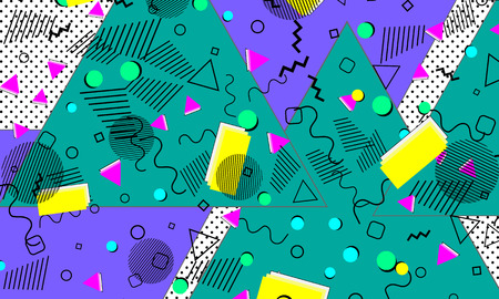 Pop art color background. Memphis pattern of geometric shapes for tissue and postcards. Vector Illustration. Hipster style 80s-90s. Abstract colorful funky background.のイラスト素材