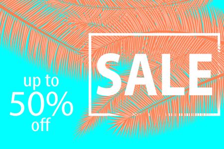 Coral background. Sale banner. Design template. Vector illustration. Palm leaves. Super sale. Cyan, coral colors..のイラスト素材