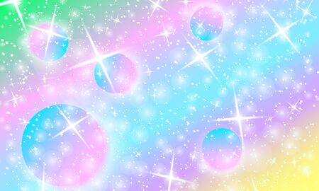 Cosmic pattern. Mermaid rainbow. Fantasy universe. Fairy background. Holographic magic stars. Minimal design. Trendy gradient colors. Fluid shapes. Vector illustration.のイラスト素材