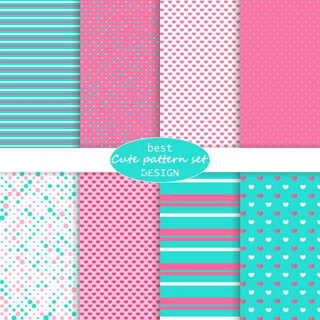Cute pattern set. Hearts background. Valentine day design. Pink, blue colors. Polka dot, stripes, hearts pattern. Vector.のイラスト素材