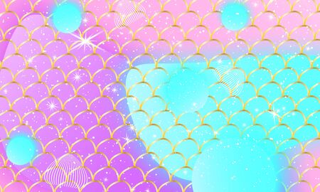 Mermaid kawaii pattern. Fish scale. Watercolor holographic stars. Color vector illustration. Rainbow background.のイラスト素材
