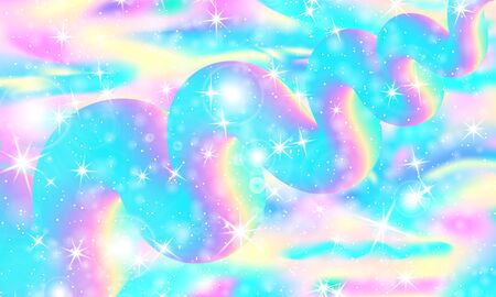 Unicorn pattern. Fairy background. Mermaid rainbow. Holographic magic stars. Rainbow fantasy universe background.のイラスト素材
