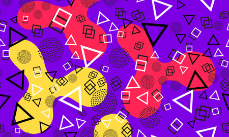 Purple Background. Doodle Elements. Fluid Red, Yellow Colors. 90s Fashion. Dot Illustration. Cool...