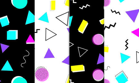 Set of Doodle Fun Seamless Patterns. Summer Doodle Background. Seamless 90s. Memphis Pattern. Vector Illustration. Hipster Style 80s-90s. Abstract Colorful Funky Background.のイラスト素材