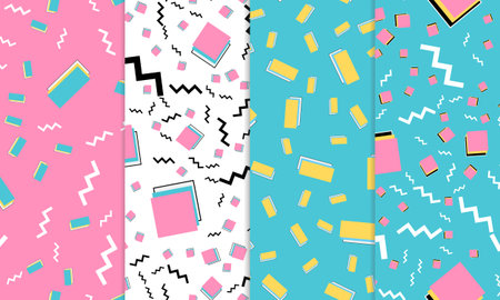 Set of Doodle Fun Seamless Patterns. Summer Doodle Background. Seamless 90s. Memphis Pattern. Vector Illustration. Hipster Style 80s-90s. Abstract Colorful Funky Background.のイラスト素材