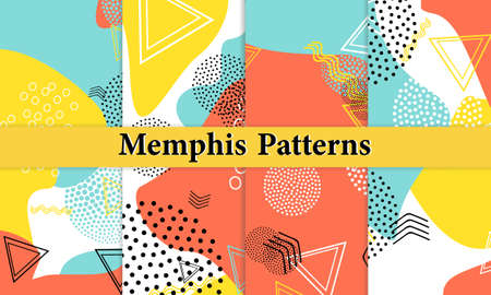 Set of Doodle Fun Patterns. Summer Doodle Background. 90s Memphis Pattern. Vector Illustration. Hipster Style 80s-90s. Abstract Colorful Funky Background.のイラスト素材