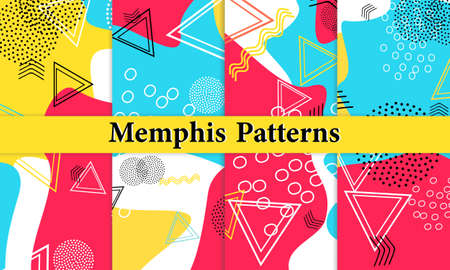 Set of Memphis Pattern. Fun Background. Red, Blue, Yellow Colors. Memphis Style Patterns. Vector Illustration. Funky Pattern. Abstract Colorful Fun Background. Hipster Style 80s-90s.のイラスト素材