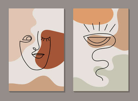 Modern line art face. Set of abstract minimal shapes and lines. Home decor design. Hand drawn watercolor effect painting shapes and line art faces. Contemporary boho design.のイラスト素材