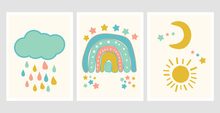 Scandinavian style cute posters with rainbow, cloud and sun. Childish drawing for nursery design. Fun doodle rainbow. Hand drawn illustration. Scandinavian nursery design.のイラスト素材